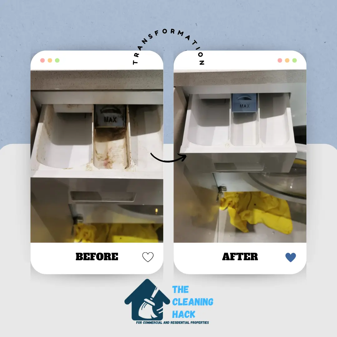 Before and after photos of washing machine drawer clean